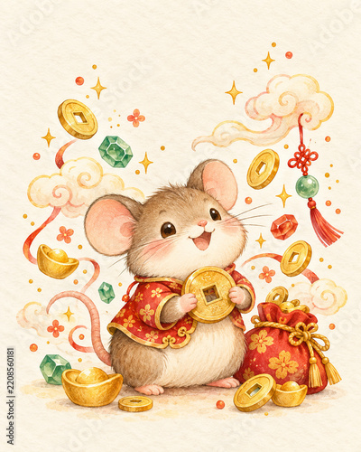 Cute Watercolor Chinese Zodiac Rat Holding Gold Ingot for Lunar New Year Prosperity