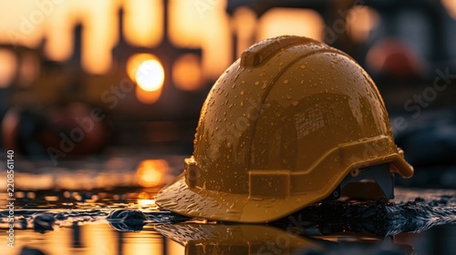 A yellow construction safety hard hat sits on a wet, muddy ground at a construction site during a golden hour sunset with blurred structures