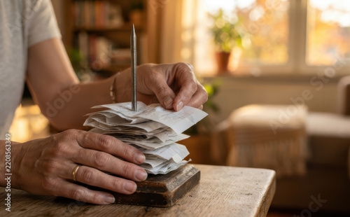 Middle-aged woman organizing and impaling store receipts on a metal spike spindle on a wooden table at home
