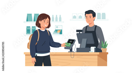 Customer Payment at Counter: A young customer with a backpack pays for her purchase at a retail counter with a credit card, while a friendly cashier assists her.