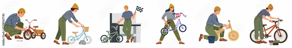 Obraz premium Illustrations of a Young Woman Repairing, Maintaining, and Cleaning Various Children's Bicycles, Tricycles, and Balance Bikes in a Set