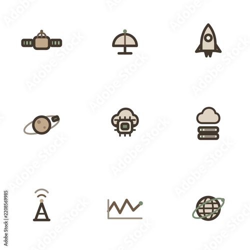 Space technology and communication icons set in flat minimalist style