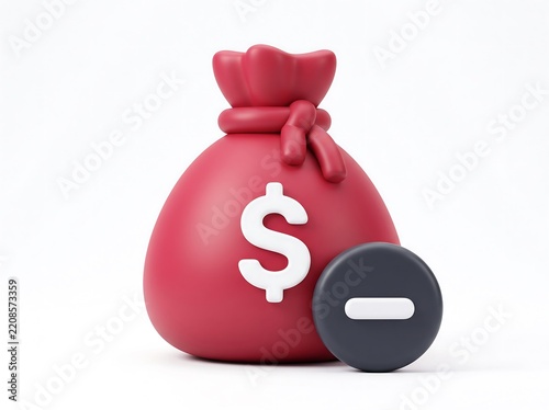Red money bag with minus sign icon representing financial loss or debt money reduction 3D icon