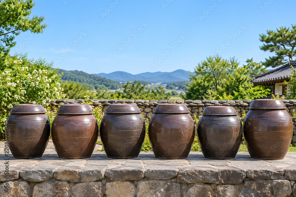 Obraz premium Row of Korean onggi sauce jars on stone terrace under blue sky