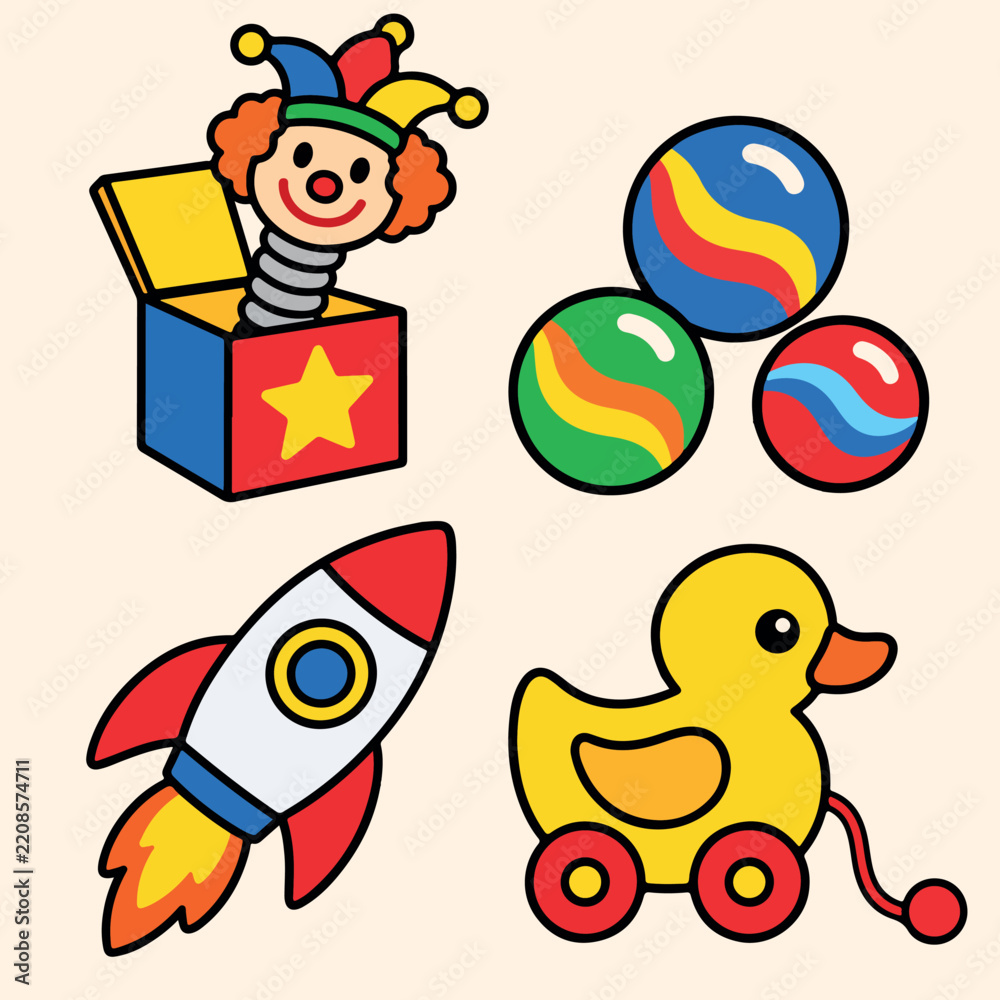 Obraz premium Kids toys vector icon set with jack in the box, colorful balls, toy rocket and pull duck. Colorful isolated symbols for commercial graphic design.