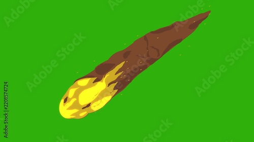 Hand drawn animated comet falling.  meteor cartoon fall down fast speed. fireball with green background