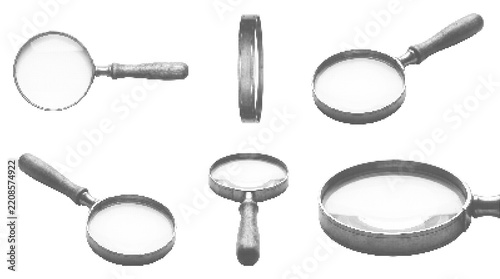 Magnifying glass set in various poses with halftone dot texture for retro design elements