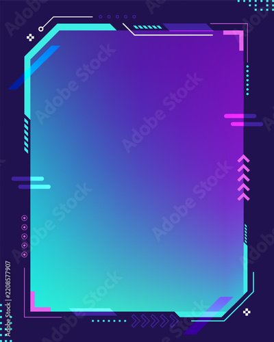 Futuristic tech frame background template with neon cyan and purple gradient featuring gaming user interface elements and geometric HUD pattern, digital esports poster design