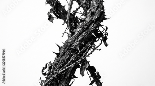 A gnarled and twisted thorny bramble vine stands isolated against a plain white studio background with twists vertically with covered sharp