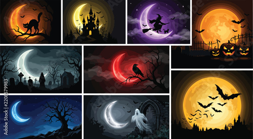Collection of halloween background illustrations featuring spooky moons silhouettes of haunted castles witches ghosts and bats