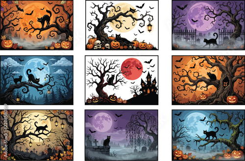 Set of nine halloween background illustrations featuring black cats spooky trees pumpkins and full moons in various colors