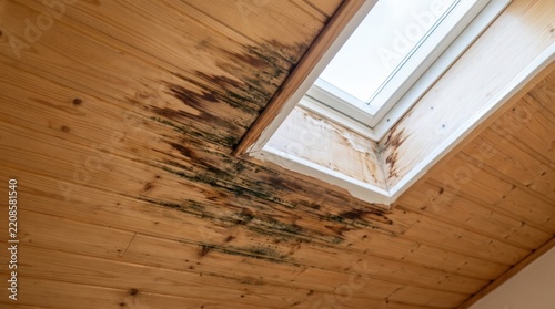 Water damage and mold growth on wooden ceiling near skylight