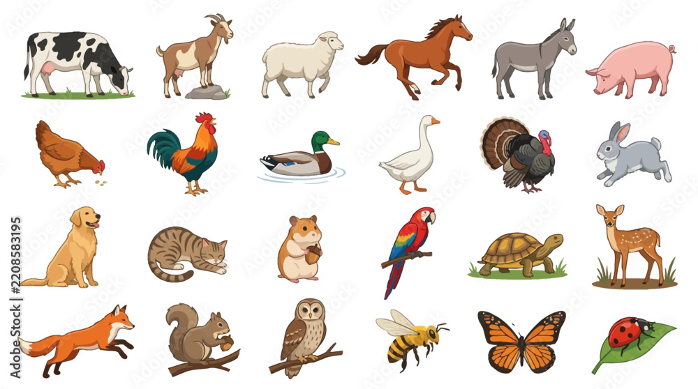 Fototapeta premium Farm Domestic Animals Vector Illustration Collection