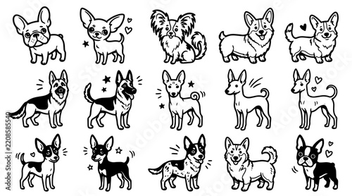 Hand drawn doodle set of various big eared dog breeds isolated on a white background