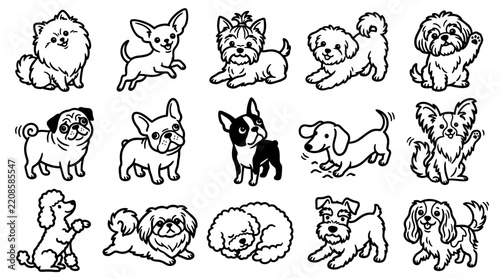 Set of small dog breed doodles in black and white line art style for pet design elements