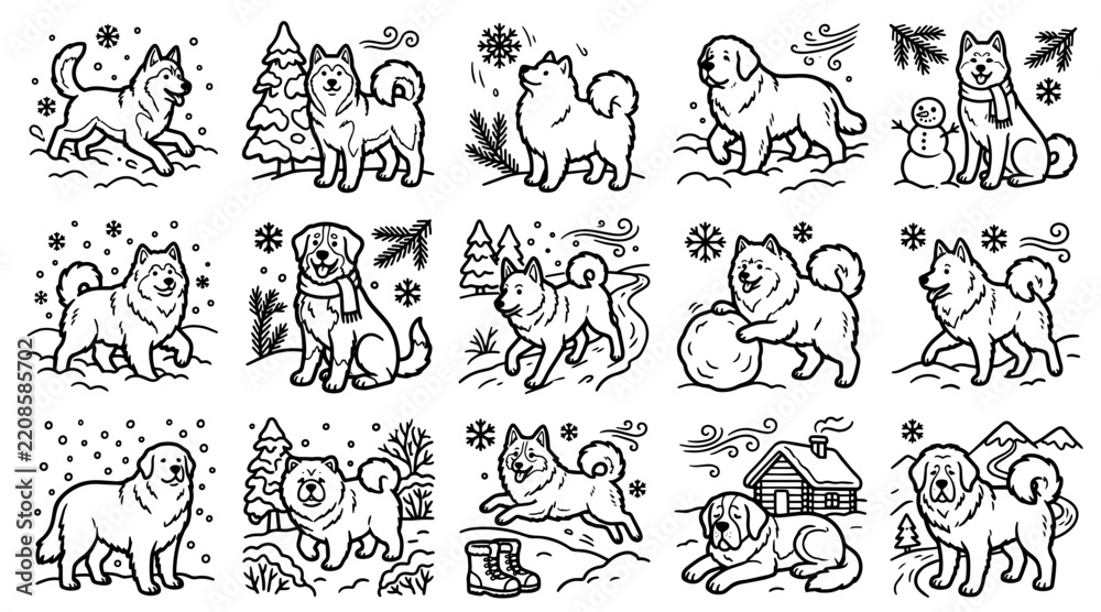 Obraz premium Winter dog breeds doodle set featuring fluffy pets in snowy landscapes with festive holiday elements