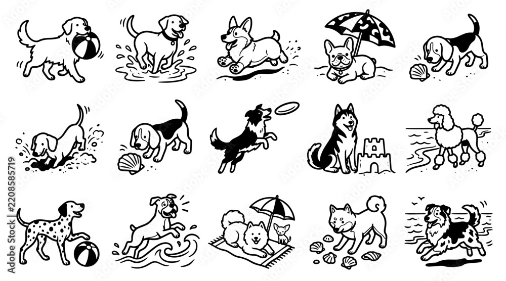 Obraz premium Beach dog breeds doodle set featuring various canine activities in a hand drawn vector style