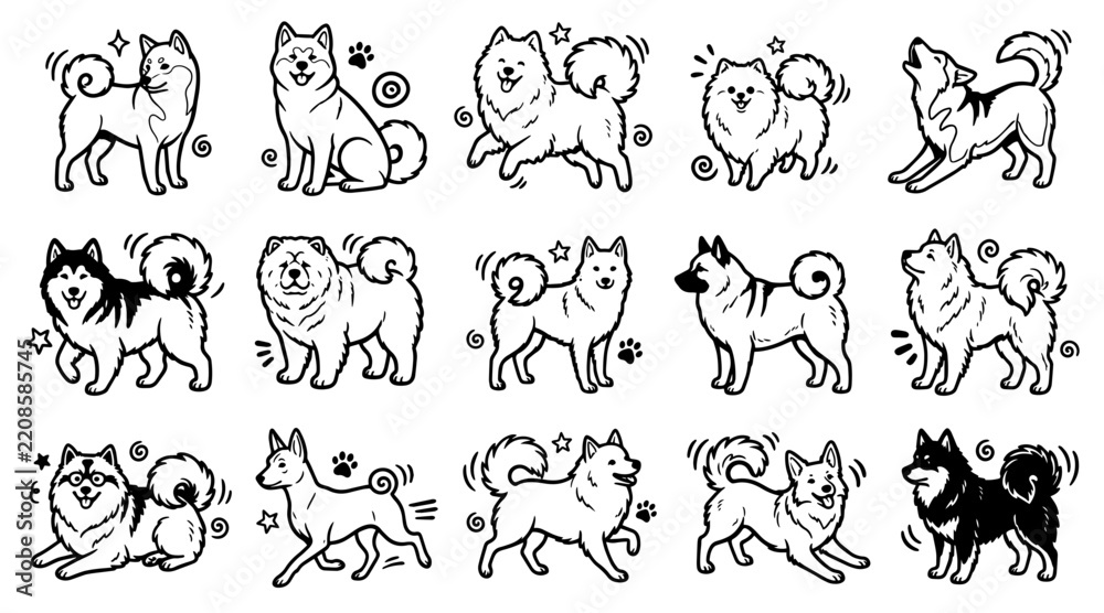 Obraz premium Hand drawn curly tailed dog breeds doodle set isolated on white background for graphic design