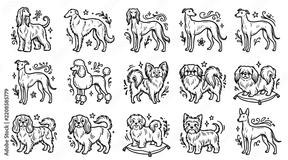 Obraz premium Hand drawn dog breeds doodle set featuring various canine characters in a minimalist sketch style