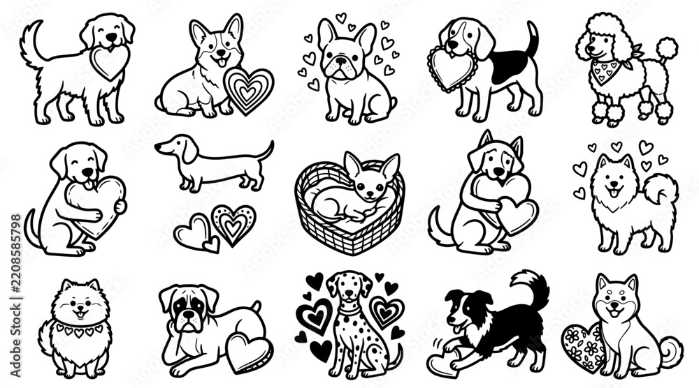 Obraz premium Valentine Day dog breeds doodle set with hearts for greeting cards and romantic design projects