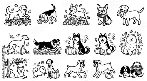 Autumn dog breeds doodle set with falling leaves and pumpkins in a hand drawn vector illustration