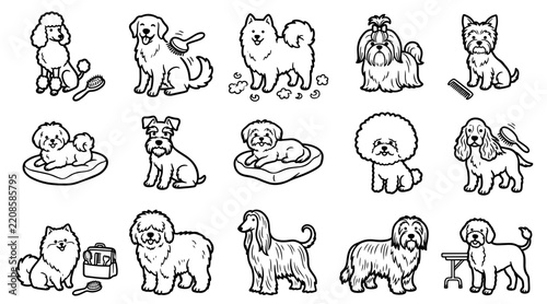 Dog breeds grooming doodle set featuring various canine characters with brushes and salon equipment