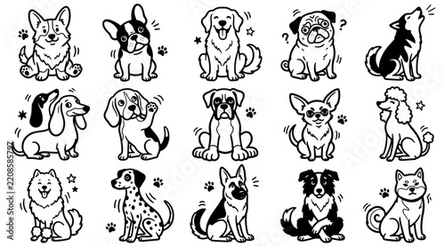 Hand drawn dog breeds doodle set featuring various canine characters in a simple black line style