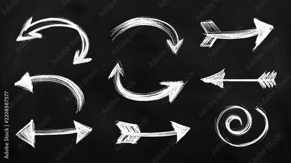 Fototapeta premium Hand drawn white chalk arrows set on black chalkboard. Doodles with grunge crayon texture. Curved and swirl scribbles. Rough brush strokes. Direction elements. Vector illustration Stock Vector