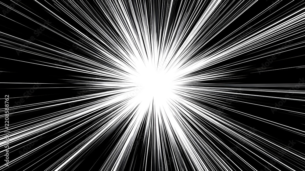 Fototapeta premium Intense radial manga speed burst effect, high-contrast black and white comic book action lines converging to a bright center, explosive motion background with dense straight radial lines