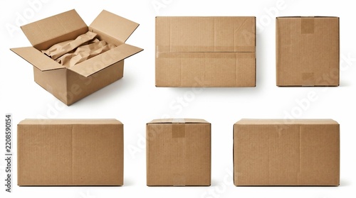 Cardboard boxes collection shown from multiple angles on white background