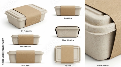 Eco friendly molded fiber food container mockup with paper sleeve wrapper