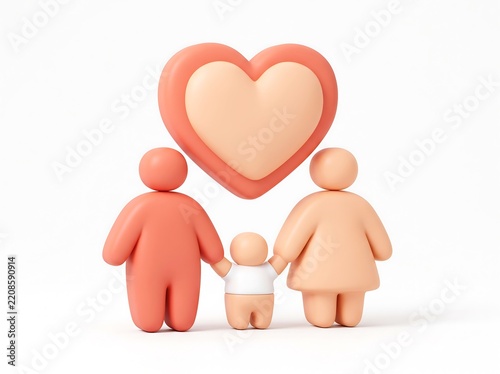 Clay style family group holding hands with a large heart symbol above them 3D family loving family