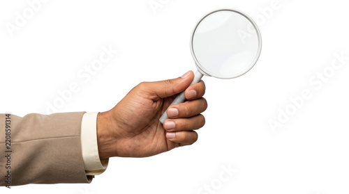 Fotografie Businessperson in beige blazer holding a round white magnifying glass with a sli