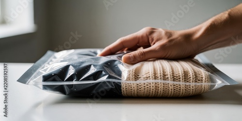 Person packing woolen sweater into transparent plastic compression bag for space saving storage and travel organization