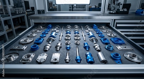 Organized metal and blue mechanical parts in a workshop drawer