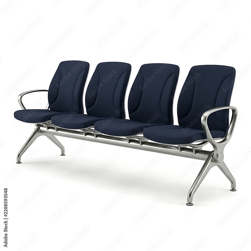 Obraz premium Modern blue four seater waiting room bench with metal frame isolated on white