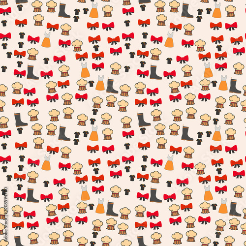 Pattern of chef hats, bows, t-shirts, dresses, and boots