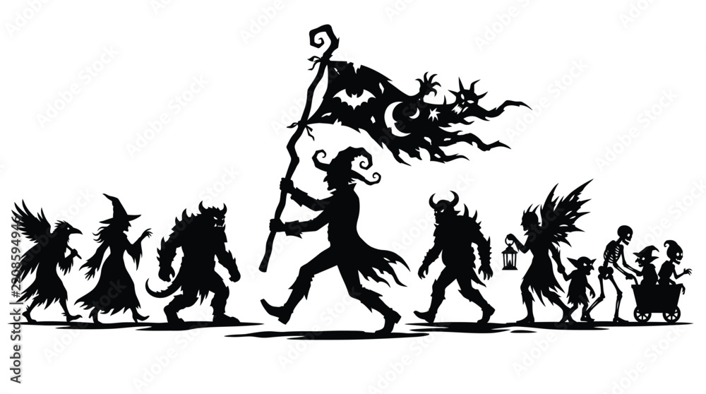 Fototapeta premium Spooky Halloween silhouette procession featuring a witch, monsters, goblin, skeleton, and mythical creatures