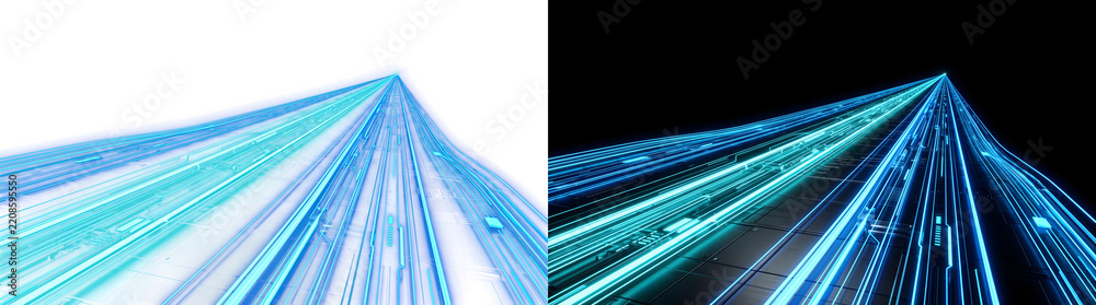Fototapeta premium Blue digital data highway with glowing circuit lines converges toward a distant point ideal for technology designs, PNG, Transparent and Black Background Versions