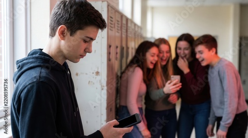 Sad teenage boy looking at smartphone in school hallway while peers laugh in background, capturing cyberbullying and social exclusion concept for mental health and education marketing.