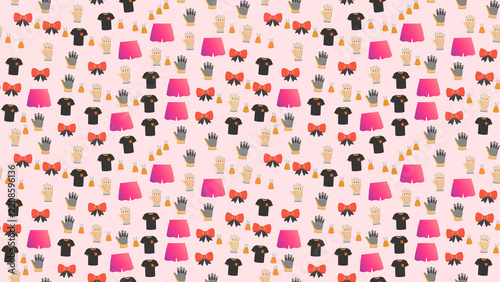 Seamless pattern of t-shirts, shorts, gloves, and bows
