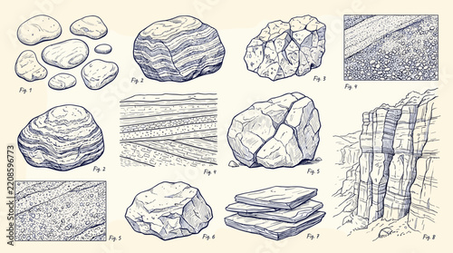 Vintage geology rock formations and mineral stone vector set, antique scientific engraving illustrations of rock layers and pebbles, hand drawn geological strata sketch collection for education