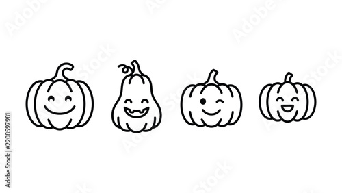 Set of four black and white line icons featuring cute smiling pumpkins with different expressions on a white background, for halloween