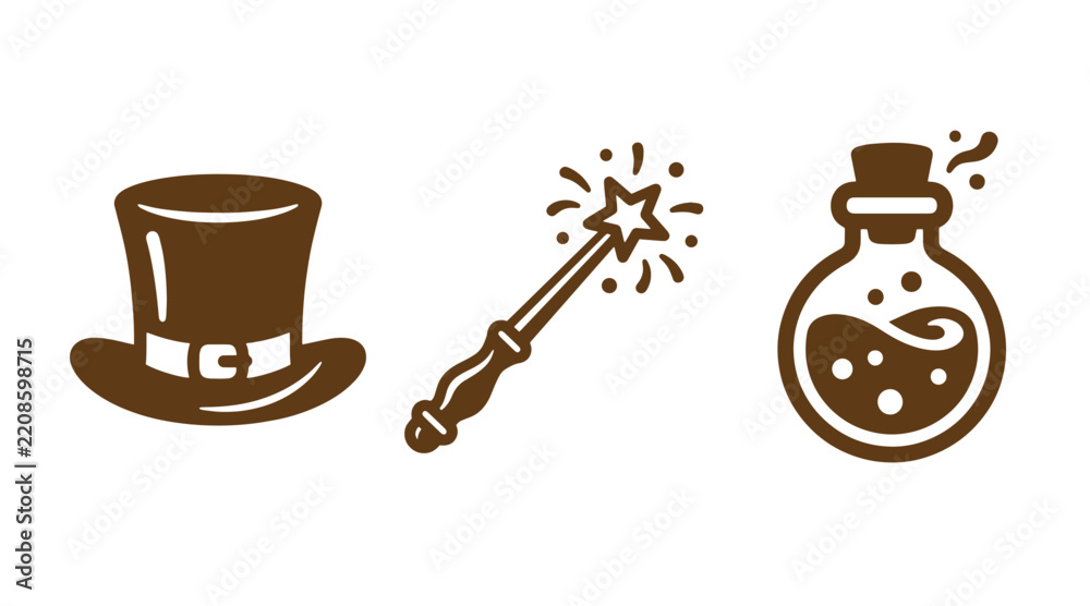 Obraz premium Magical items collection featuring top hat magic wand and potion bottle illusion supernatural graphics enchantment mystical witchcraft performance mysterious container
