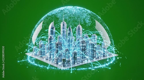 Futuristic smart city model encased in a glowing digital security dome against a green screen.