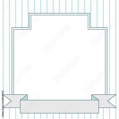 リボン付き正方形バナーフレーム 水色のストライプ背景 / Square banner frame with ribbon on mint green striped background
