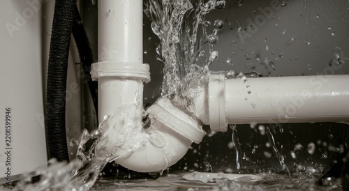 Leaking PVC sink pipe with water spraying out.