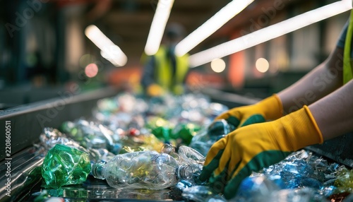 Worker sorting plastic bottles on a conveyor belt in a recycling facility.