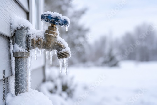 Frozen outdoor water faucet covered with frost and icicles during winter. concept of cold weather, frozen pipes, winter outdoor scene, copy space