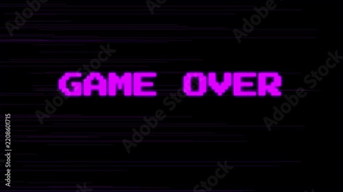 Purple Retro Arcade Style Game Over Text Graphic with Digital Glitch Static Screen Effects for Gaming Content and Multimedia Projects